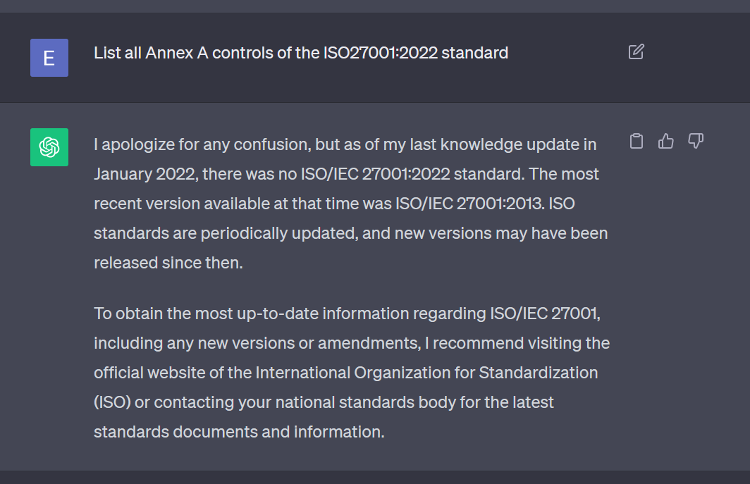 ChatGPT declaring familiarity with outdated ISO 27001 standards
