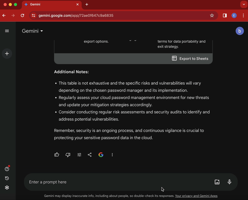 Demonstration of Gemini prompt to list key security vulnerabilities