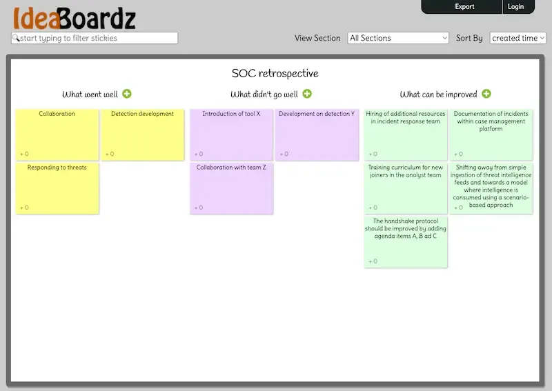 Example of a retrospective board for a Security Operations Center